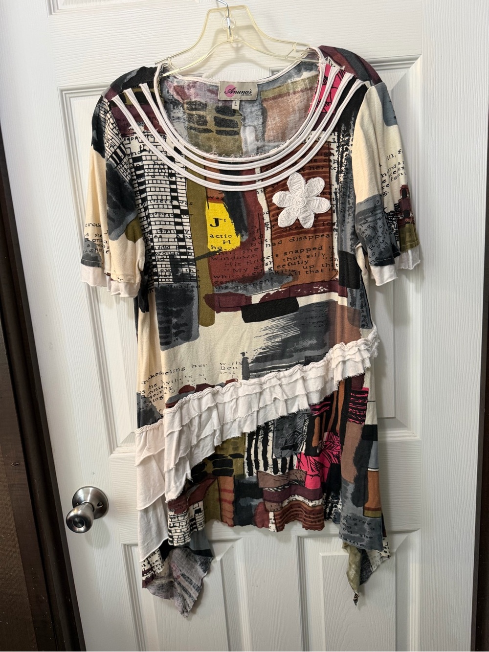 Anuna’s Abstract Print Asymmetrical Ruffle Tunic Top/Mini Dress Boho Artsy Sz L - Picture 2 of 10